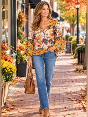 Flying Tomato Boho Floral Paisley Bell Sleeve Blouse Top Size M